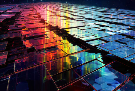 abstract 3d illustration of futuristic city with glowing lights and reflectionsの素材