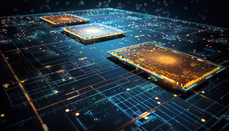 3d rendering of circuit board with microchips and electronic elementsの素材