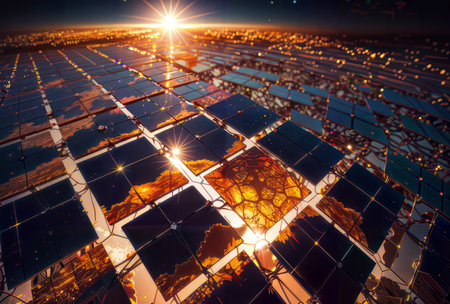 Solar panels on the background of the setting sun. 3d renderingの素材