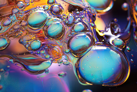 Colorful abstract background of oil bubbles in water. Macro photography.の素材
