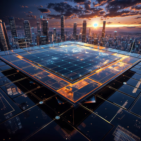 3d render of futuristic city with solar panels and blue sky backgroundの素材