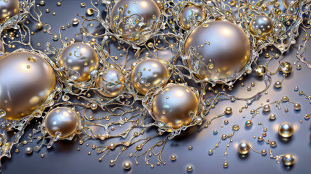 Gray surface adorned with white and gold spheres and droplets, possibly pearls.の素材