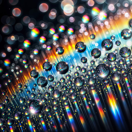 Raindrops on a CD create a rainbow effect, with bokeh against a dark backdrop.の素材