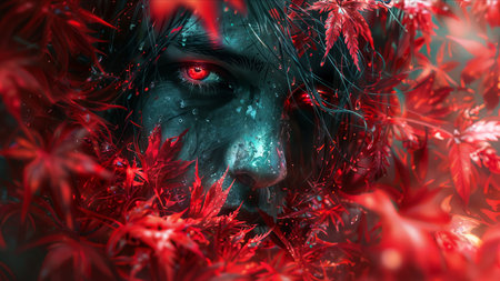 Close-up portrait of a scary zombie girl in red leaves. Halloween theme.の素材