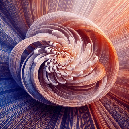 White flower with a spiral pink and purple swirl against a colorful abstract design.の素材