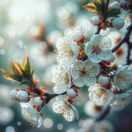 Spring's Whisper: Blossoming Branch with Green Leavesの素材