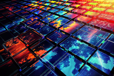 Colorful screens: a cyber background of a large array of colorful television screensの素材
