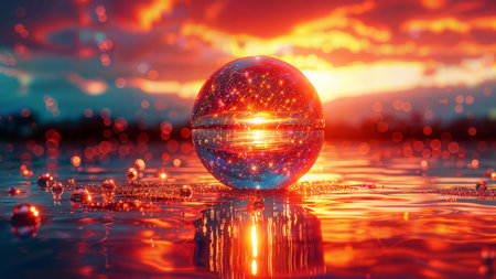 Glass sphere: a beautiful and realistic 3d render of a sphere floating in the water with a sunset in the backgroundの素材
