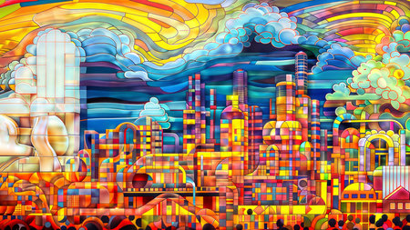 Colorful city: a hyperdetailed and futuristic painting of a city with colorful buildingsの素材