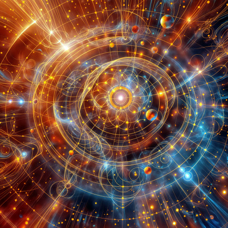Celestial Orbits: Circular Design with Golden Suns and Planetsの素材