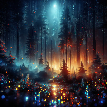 Enchanted Forest: Night Scene with Glowing Trees and Flowersの素材