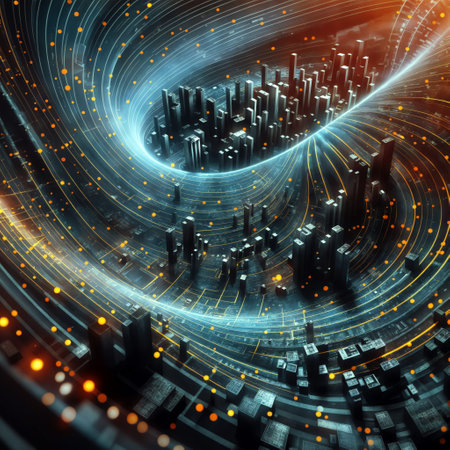 Cityscape Spiral: Futuristic City in Swirling Tunnel of Lightの素材