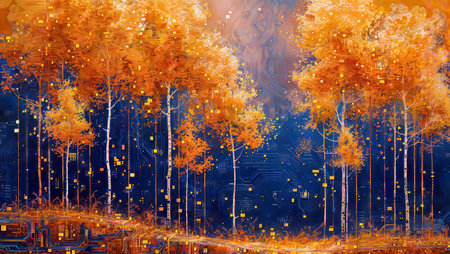 Cyberpunk Forest: Experience a breathtaking fusion of nature and technology in this digital landscape.の素材