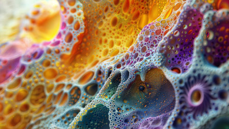 Hypnotic Hues: Explore a world of vibrant textures and captivating details in this close-up abstract artwork.の素材