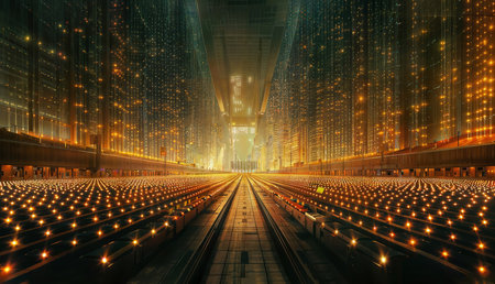 Futuristic Cityscape: Explore a world of towering structures and dazzling lights in this captivating artwork.の素材