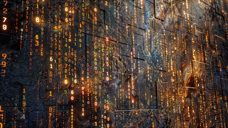 Wall of vertical numbers in gold on a dark background. Numbers dance around the clock on this intriguing wall, creating a symphony of mathematical beauty.の素材