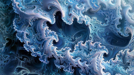 Oceanic Fractals: A mesmerizing blue and white swirl pattern reminiscent of crashing waves and intricate fractals.の素材