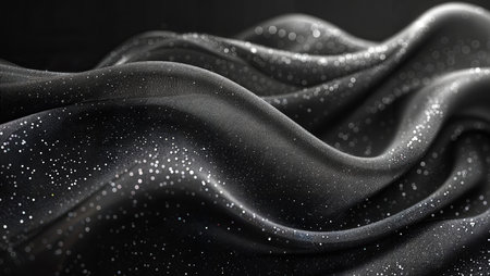 Shimmering Silk: Black silk fabric with silver glitter creates a luxurious and elegant background.の素材