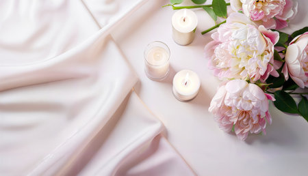 Candlelit Serenity: A bouquet of flowers and candles adorn a white cloth, casting a soft glow of elegance and tranquility. Surrender to serenity.の素材