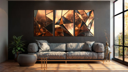 Artistic Abode: A living room adorned with a large painting exudes artistic flair and elegance, a sanctuary of creativity and inspiration. Surrender to the beauty of expression.の素材