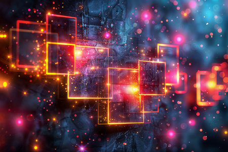 Neon fractal grid: abstract background with glowing geometric shapes & patternsの素材