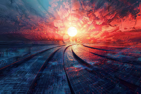 Binary sunset: digital fantasy art painting of futuristic landscape & mindscapesの素材