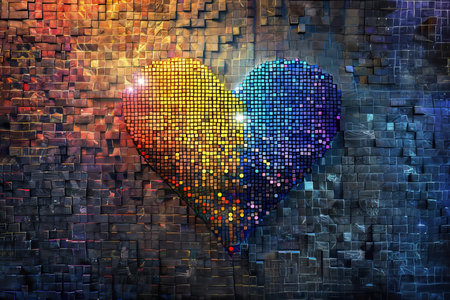 Heart of technology: abstract art of colorful mosaic heart & neon lightsの素材