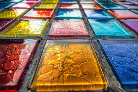Colorful glass tilework: vibrant close-up of hand-glazed pottery & mosaic artの素材
