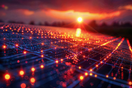Solar circuitry: digital illustration of green energy cyber arrays & solar powerの素材