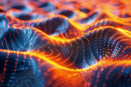 Quantum wave particle: digital image of colorful waveform patterns & particlesの素材