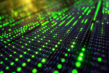 Close-up circuit board: detailed view of computer circuit with neon lightsの素材