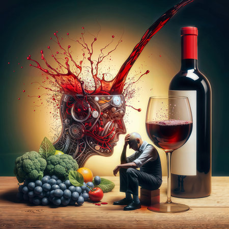 Wine and headache: red wine, glass and grapesの素材