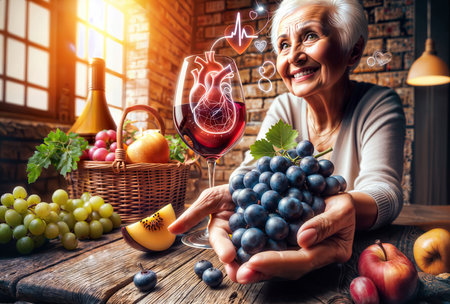 Wine, grapes and health: Woman Savors Grapes in a Luxurious Cellarの素材
