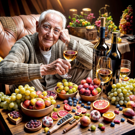 Wine, grapes and health: photorealistic harvest celebration by an elderly manの素材