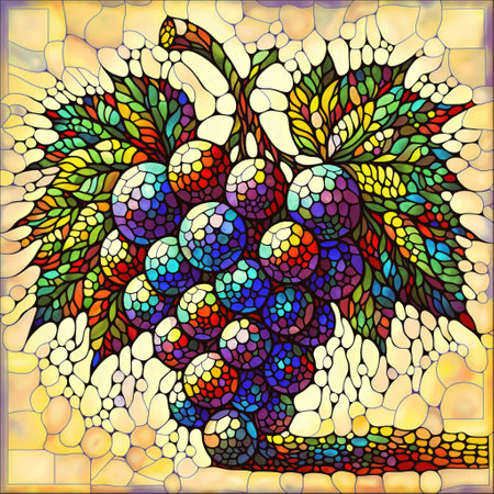 Stained Glass Symphony: Bird, Grapes, and a Burst of Colorの素材