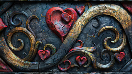 Ornate Carved Heart Painting: 3D hand-painted heart with ornate textures, inspired by Giger's style.の素材