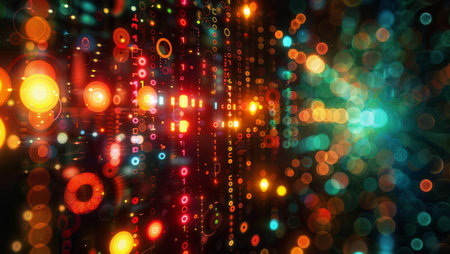 Data Holograms Background: Colorful circles and lights representing data flow in a cybernetic world.の素材