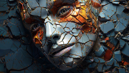 Surreal Cyborg Portrait: Fractal elements blended with a human face, creating a biomechanical artwork.の素材