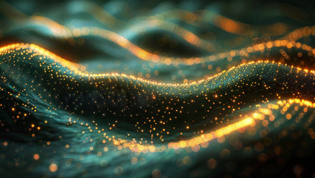 Light Particle Waves: Abstract light particles forming waves and swirls, rendered with X-Particles.の素材