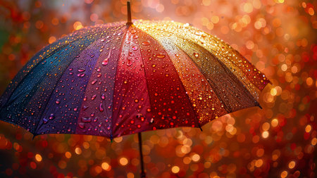 Rainbow Splash: Colorful umbrella under a vibrant rainbow with dripping paint effects.の素材