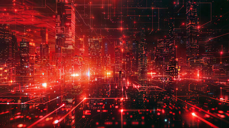 Cyber City in Red Lights: Futuristic cityscape with red lights and lines, creating a cyberpunk atmosphere.の素材
