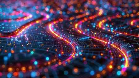 Redshift Data Flow: Abstract data visualization with colorful lights and intricate patterns, rendered with Redshift.の素材