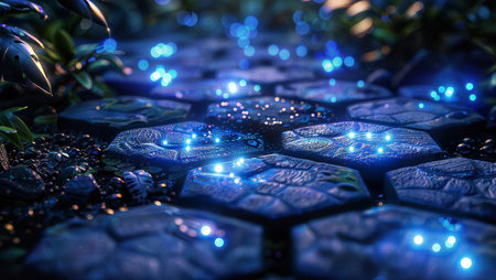 Bioluminescent Night: Glowing blue light illuminates a forest floor with cobblestones and crystal-like textures.の素材