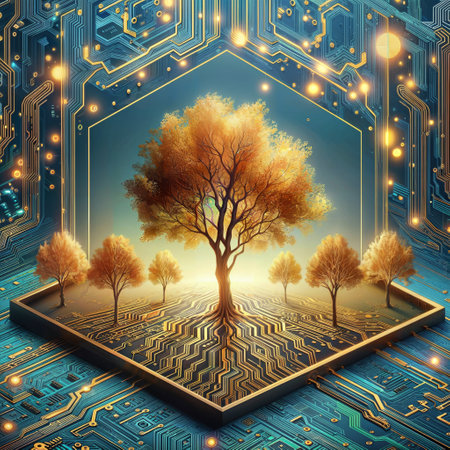 A circuit board with a tree growing out of it.の素材