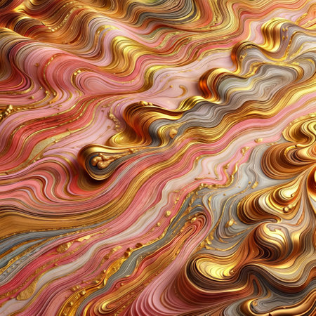 This image is a detailed close-up of a swirling, marbled pattern in gold, pink, and grey. The colors flow and mix together, creating an abstract and dynamic texture. The pattern looks almost liquid, with the gold elements adding a metallic touch.の素材