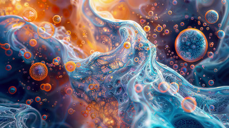 Underwater Bubbles: Playful blue and orange bubbles float in this enchanting underwater scene.の素材