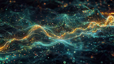 Fractal Waves & Particles: Glowing particles and waves dance across a mesmerizing fractal background.の素材