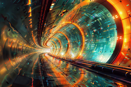 Futuristic Tunnel: A train streaks through a futuristic tunnel, bathed in colorful lights.の素材