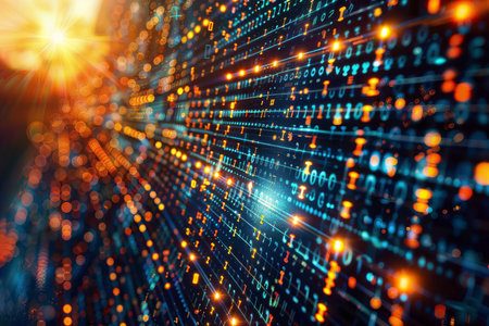 AI Data Holograms: Abstract lights represent data flowing across a futuristic computer screen.の素材