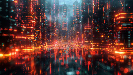 Neon Cyberpunk City: Rain-soaked city bathed in neon, perfect for cyberpunk and futuristic themes.の素材